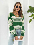 Striped V-Neck Long Sleeve Knit Top - Trendsi - Flyclothing LLC
