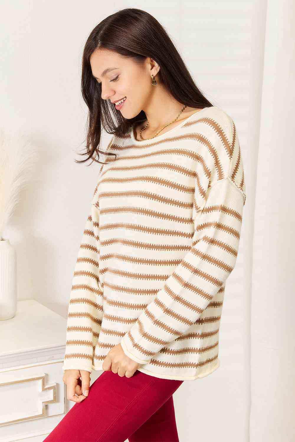 Double Take Striped Boat Neck Sweater - Trendsi - Flyclothing LLC