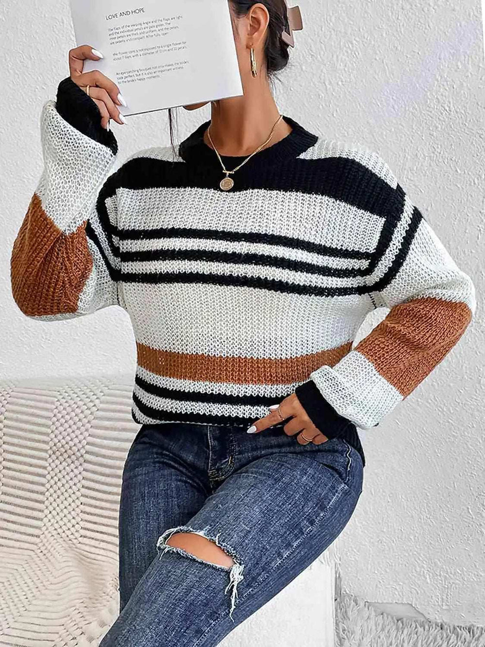 Striped Round Neck Sweater - Trendsi - Flyclothing LLC