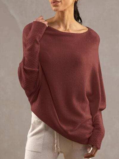 Full Size Boat Neck Batwing Sleeve Knit Top - Trendsi - Flyclothing LLC