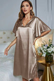 Satin Flutter Sleeve Side Slit V-Neck Night Dress - Trendsi - Flyclothing LLC