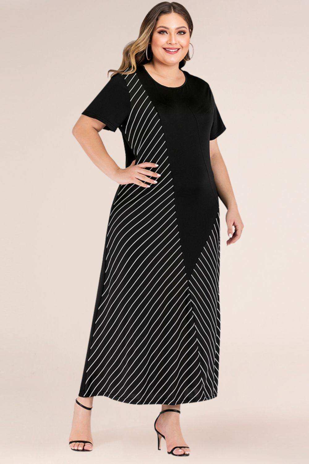 Plus Size Striped Color Block Tee Dress - Trendsi - Flyclothing LLC
