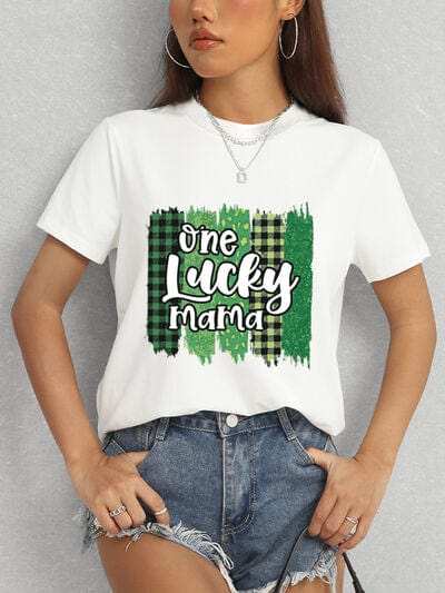 ONE LUCKY MAMA Round Neck T-Shirt - Trendsi - Flyclothing LLC