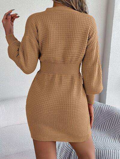 Buttoned Cable-Knit V-Neck Sweater Dress - Trendsi - Flyclothing LLC