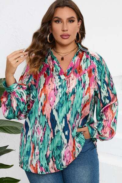 Plus Size Printed Johnny Collar Long Sleeve Blouse - Trendsi - Flyclothing LLC
