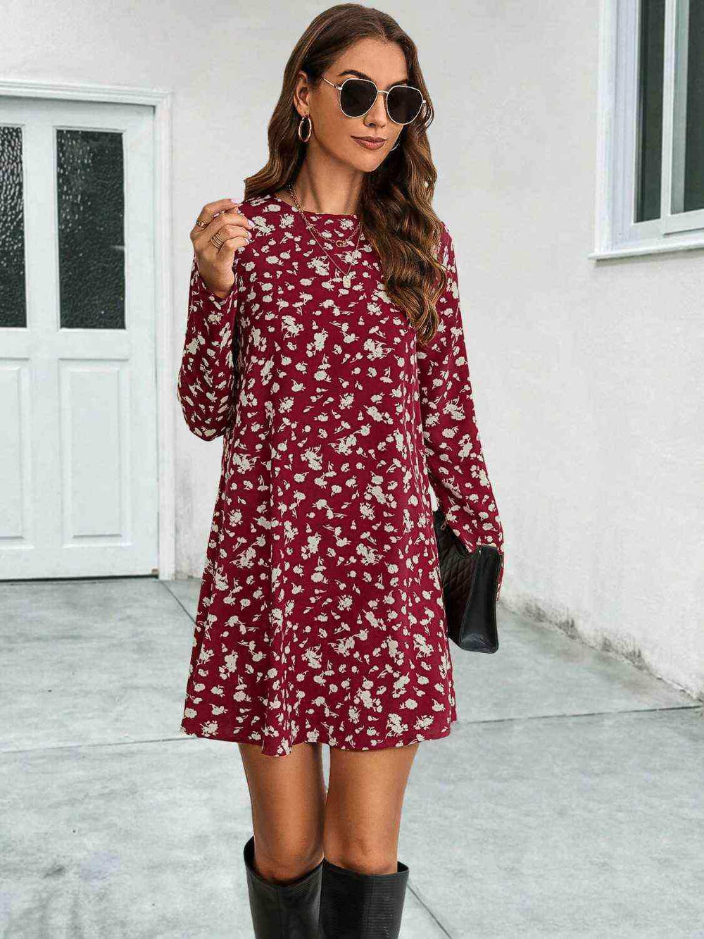 Round Neck Long Sleeve Mini Dress - Trendsi - Flyclothing LLC