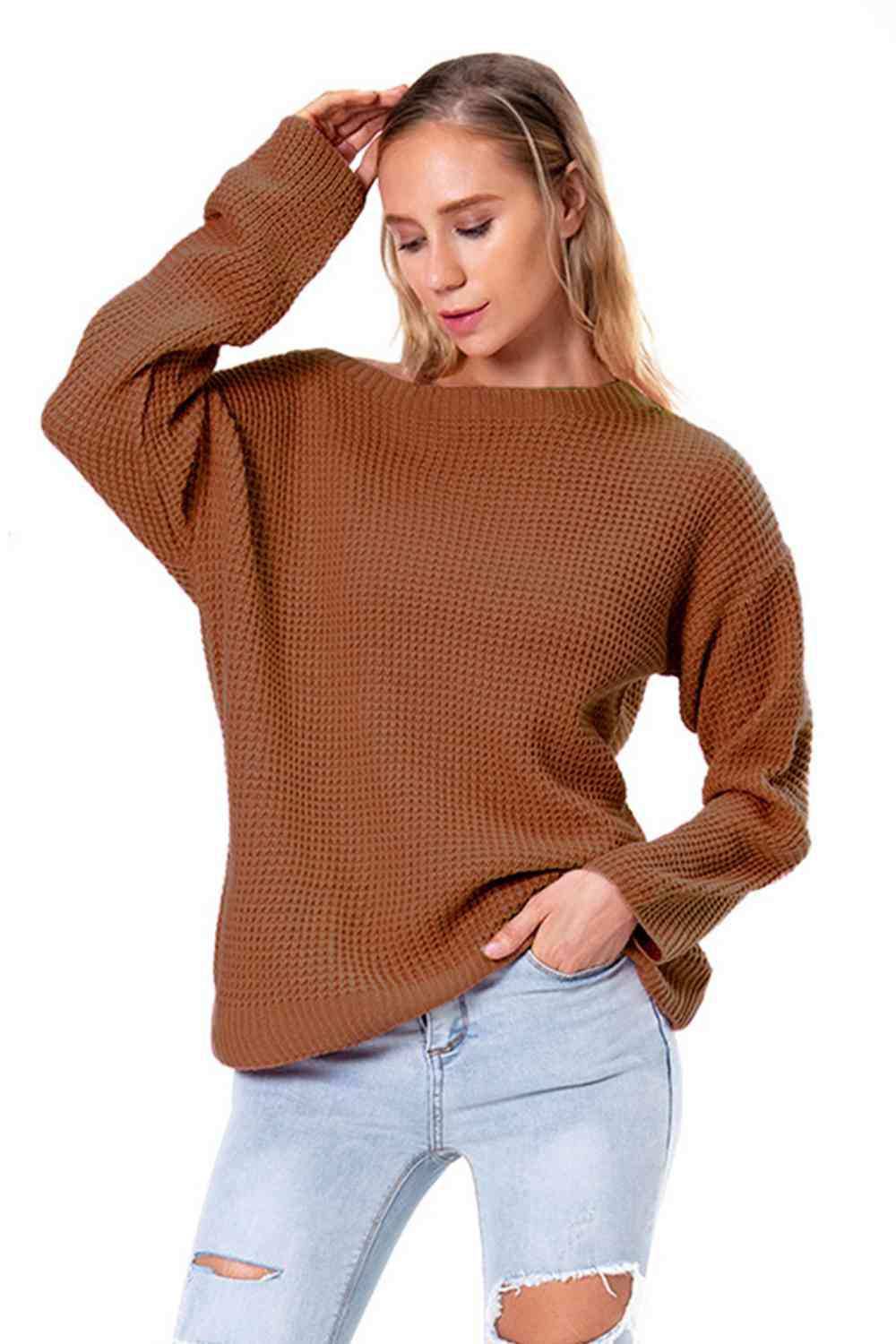 Boat Neck Drop Shoulder Long Sleeve Sweater - Trendsi - Flyclothing LLC