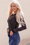 Rhinestone Round Neck Long Sleeve Bodysuit - Trendsi - Flyclothing LLC