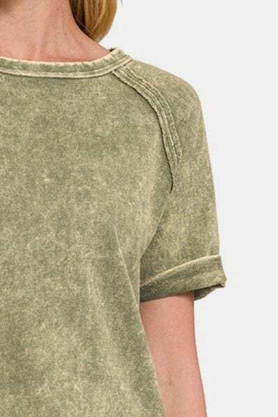 Zenana Heathered Round Neck Short Sleeve Blouse - Trendsi - Flyclothing LLC