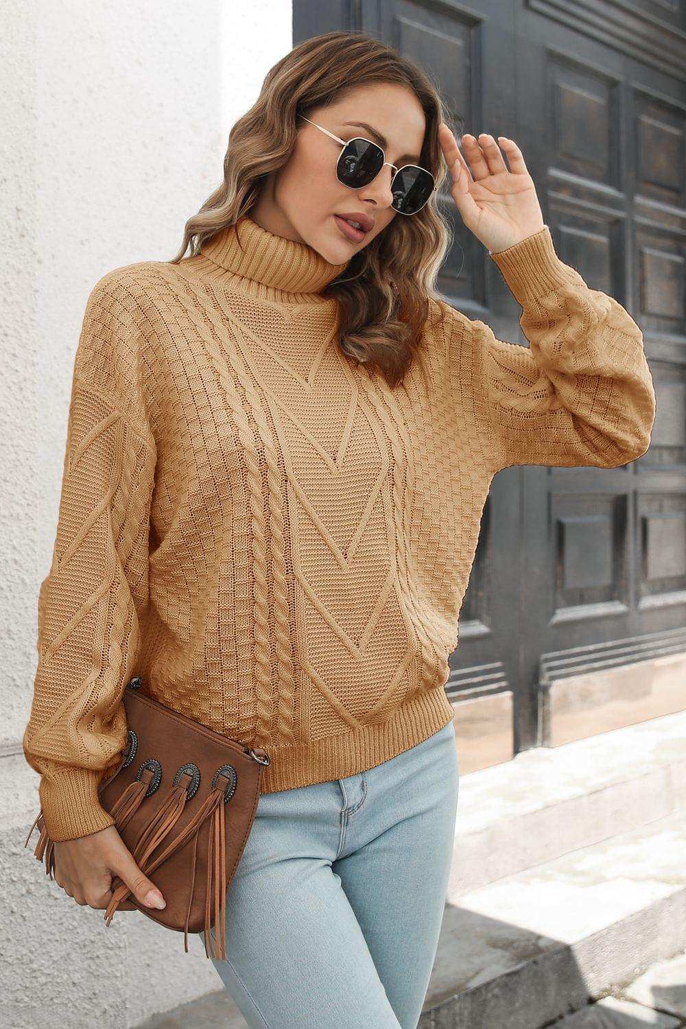 Cable-Knit Turtleneck Sweater - Trendsi - Flyclothing LLC