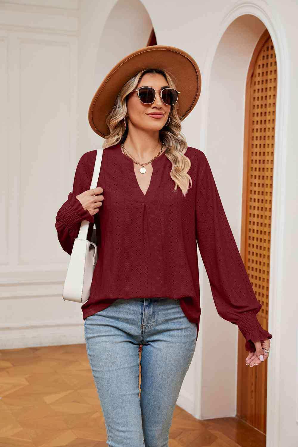 Notched Neck Flounce Sleeve Blouse - Trendsi - Flyclothing LLC