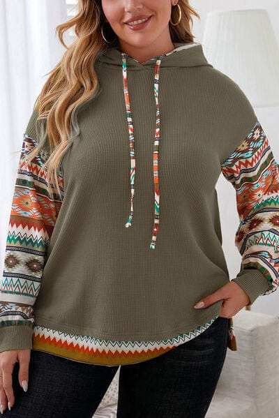 Plus Size Waffle-Knit Geometric Dropped Shoulder Hoodie - Trendsi - Flyclothing LLC
