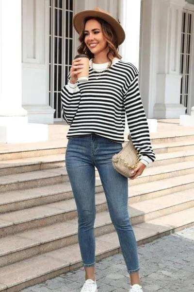 Striped Round Neck Dropped Shoulder Sweater - Trendsi - Flyclothing LLC