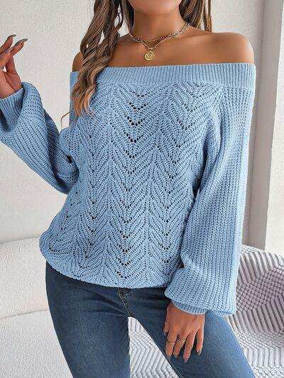 Openwork Off-Shoulder Long Sleeve Sweater - Trendsi - Flyclothing LLC