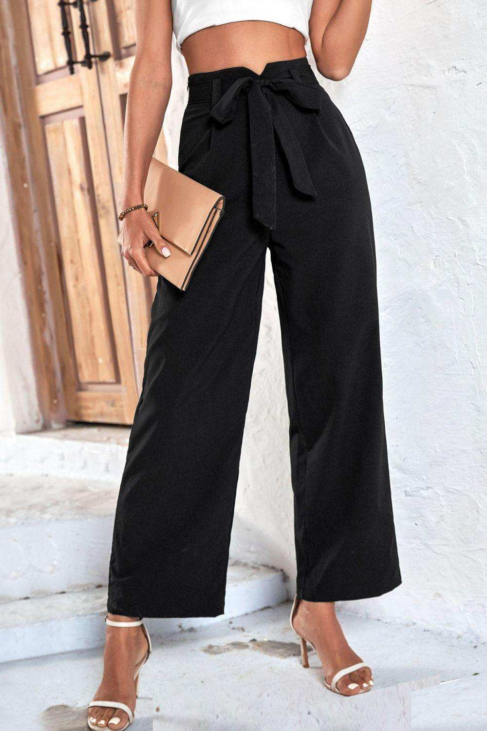 Belted High-Rise Wide Leg Pants - Trendsi - Flyclothing LLC