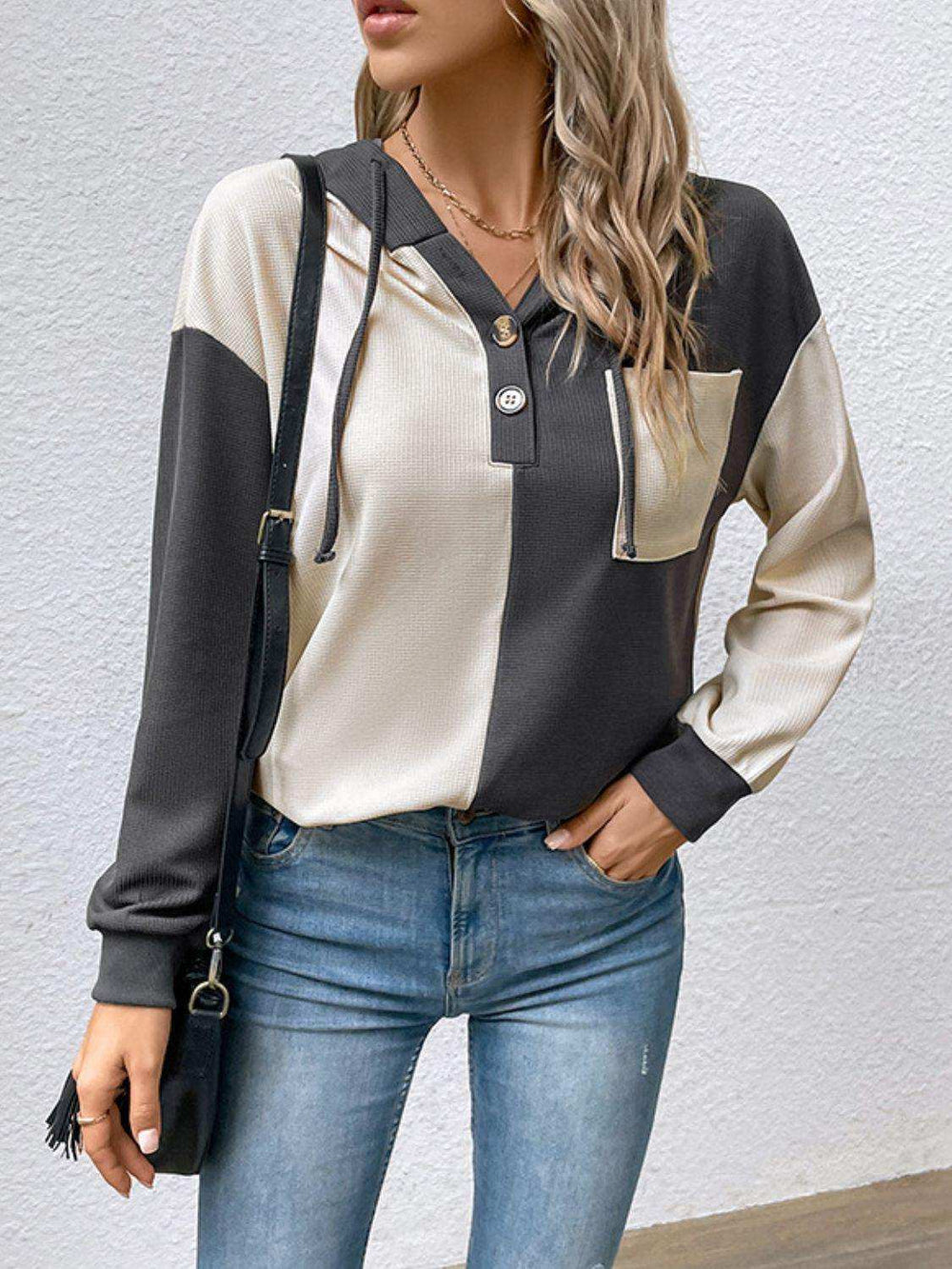 Contrast Color Button-Up Raglan Sleeve Hoodie - Trendsi - Flyclothing LLC