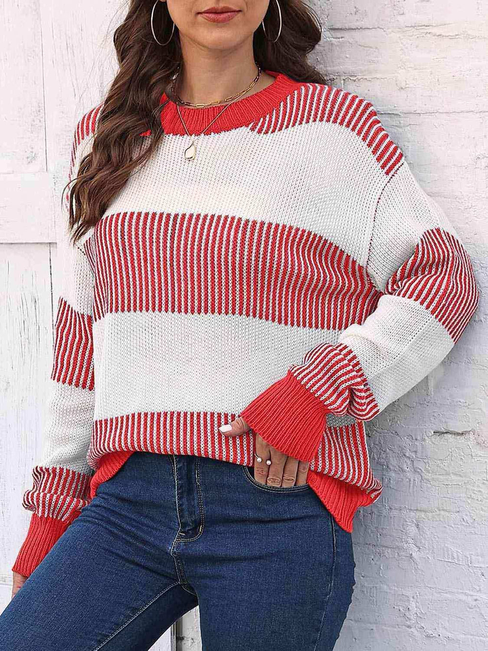Full Size Round Neck Drop Shoulder Sweater - Trendsi - Flyclothing LLC