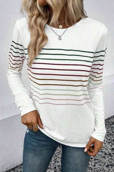 Striped Round Neck Long Sleeve T-Shirt - Trendsi - Flyclothing LLC