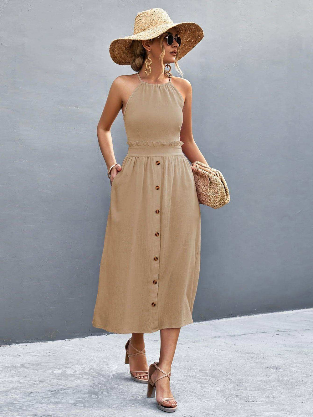 Buttoned Halter Neck Frill Trim Midi Dress - Trendsi - Flyclothing LLC
