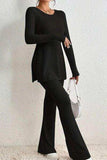 Ribbed Long Sleeve Slit Top and Bootcut Pants Set - Trendsi - Flyclothing LLC