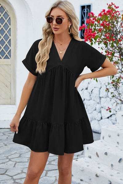 Ruched Tiered V-Neck Short Sleeve Mini Dress - Trendsi - Flyclothing LLC
