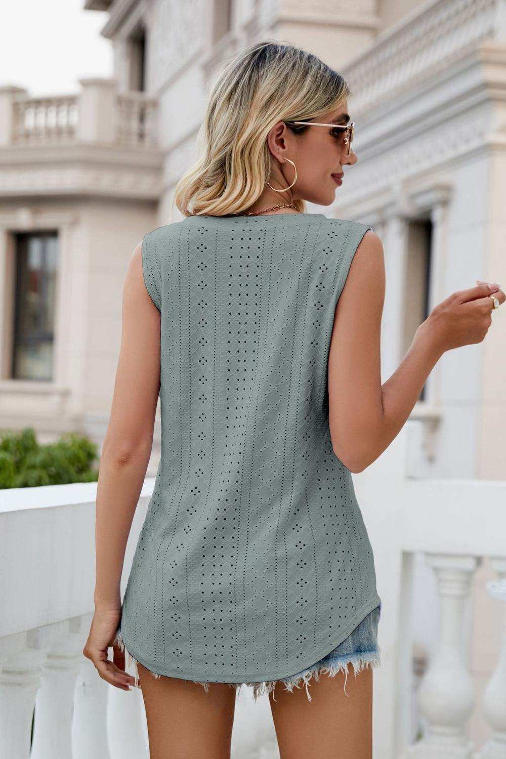 Eyelet V-Neck Tank - Trendsi - Flyclothing LLC