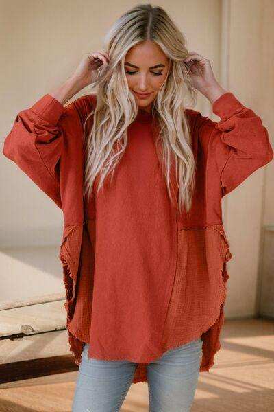 Contrast Texture Round Neck Long Sleeve Blouse - Trendsi - Flyclothing LLC