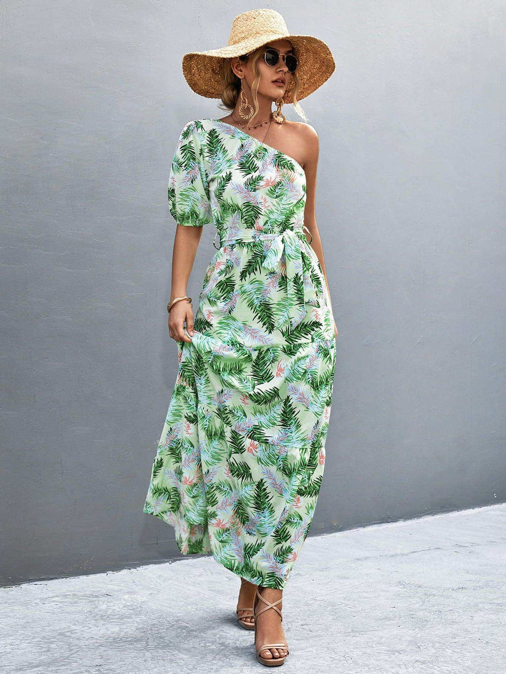 Printed Tie Waist One Shoulder Maxi Dress - Trendsi - Flyclothing LLC