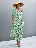Printed Tie Waist One Shoulder Maxi Dress - Trendsi - Flyclothing LLC