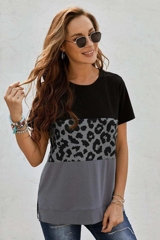 Leopard Print Color Block Short Sleeve T-Shirt - Trendsi - Flyclothing LLC