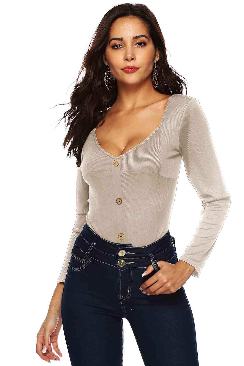 Button Detail Bodysuit - Trendsi - Flyclothing LLC