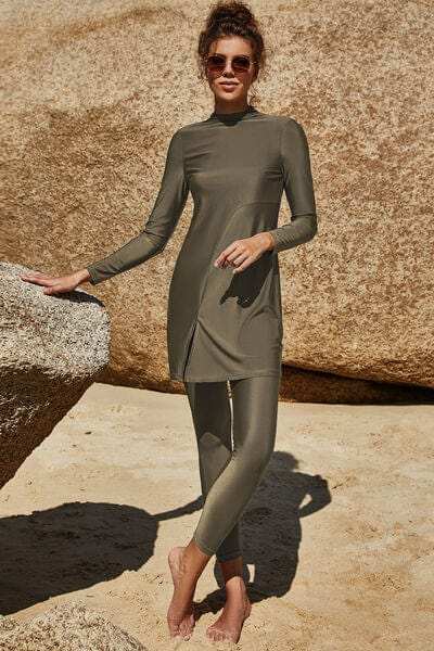 Slit Mock Neck Long Sleeve Top and Pants Swim Set - Trendsi - Flyclothing LLC