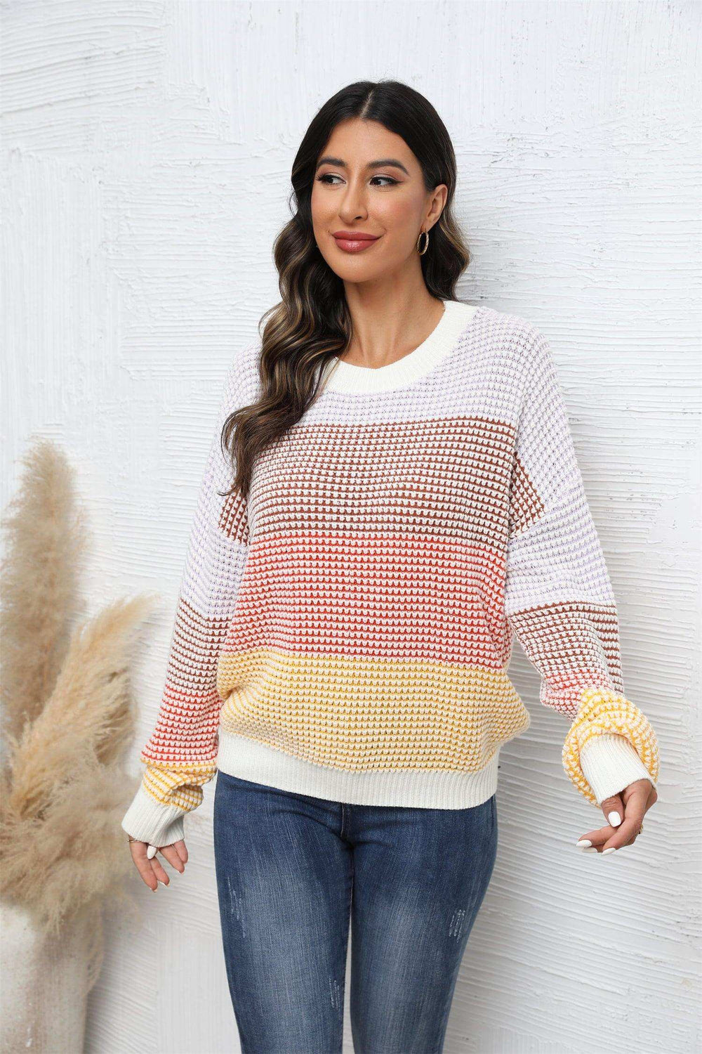 Waffle-Knit Round Neck Dropped Shoulder Color Block Sweater - Trendsi - Flyclothing LLC