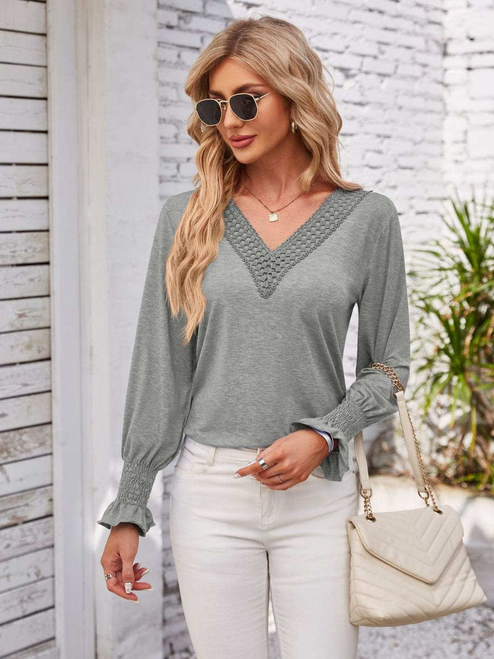 Smocked V-Neck Long Sleeve Blouse - Trendsi - Flyclothing LLC