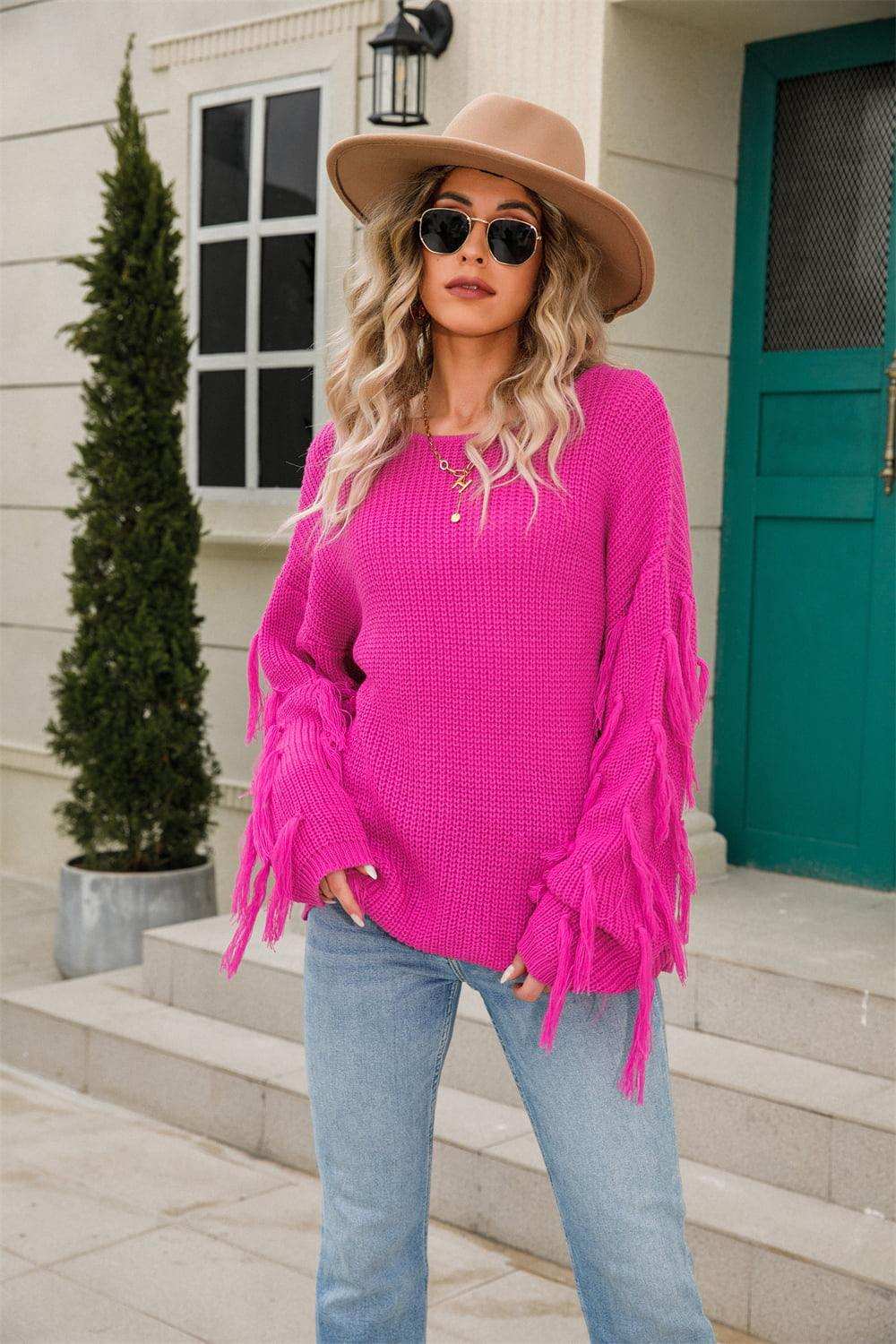 Ribbed Round Neck Fringe Detail Sweater - Trendsi - Flyclothing LLC