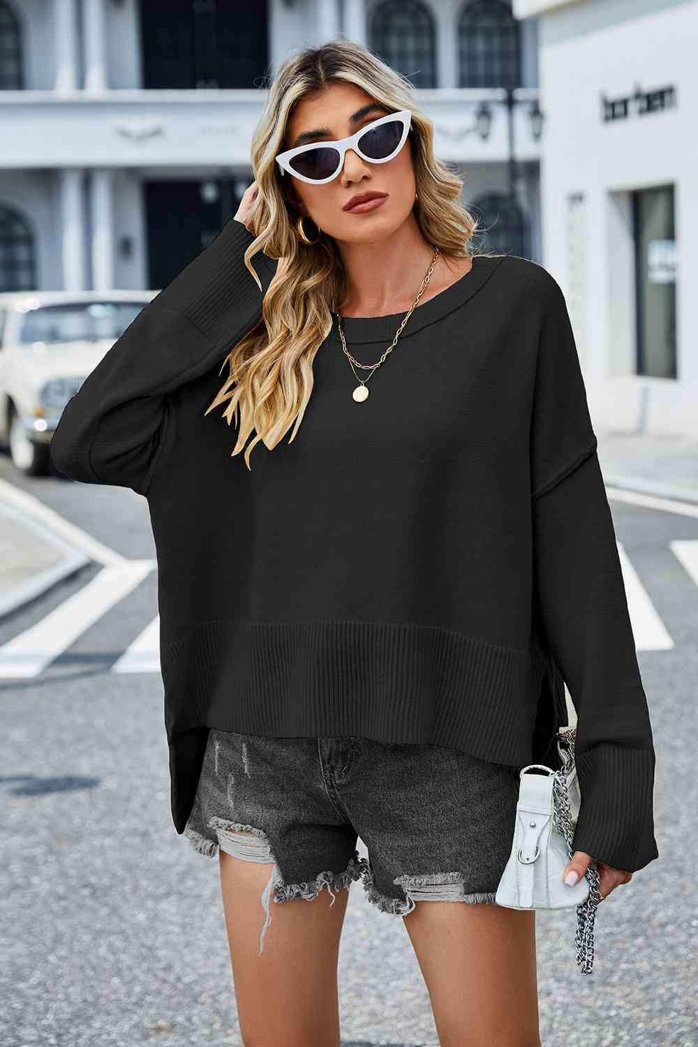 Round Neck Dropped Shoulder Slit Sweater - Trendsi - Flyclothing LLC
