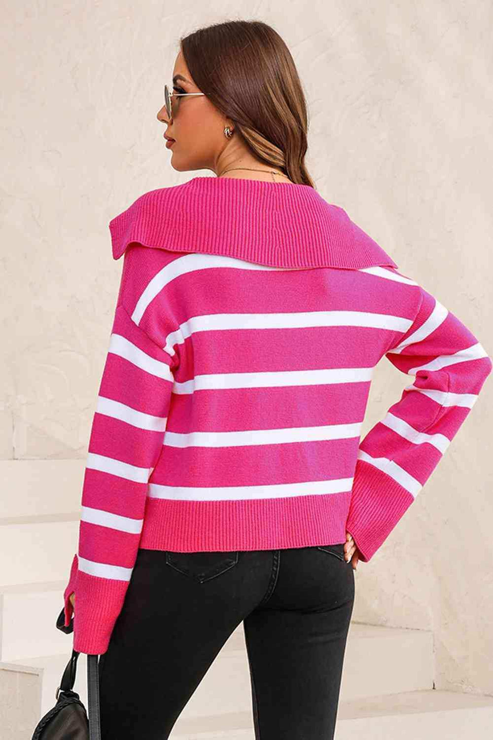 Striped Collared Neck Slit Sweater - Trendsi - Flyclothing LLC