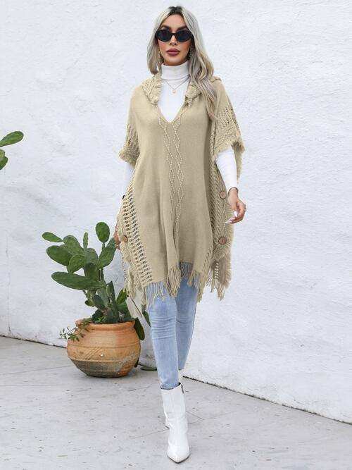 Fringe Trim Buttoned Hooded Poncho - Trendsi - Flyclothing LLC