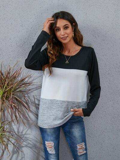 Color Block Round Neck Long Sleeve T-Shirt - Trendsi - Flyclothing LLC