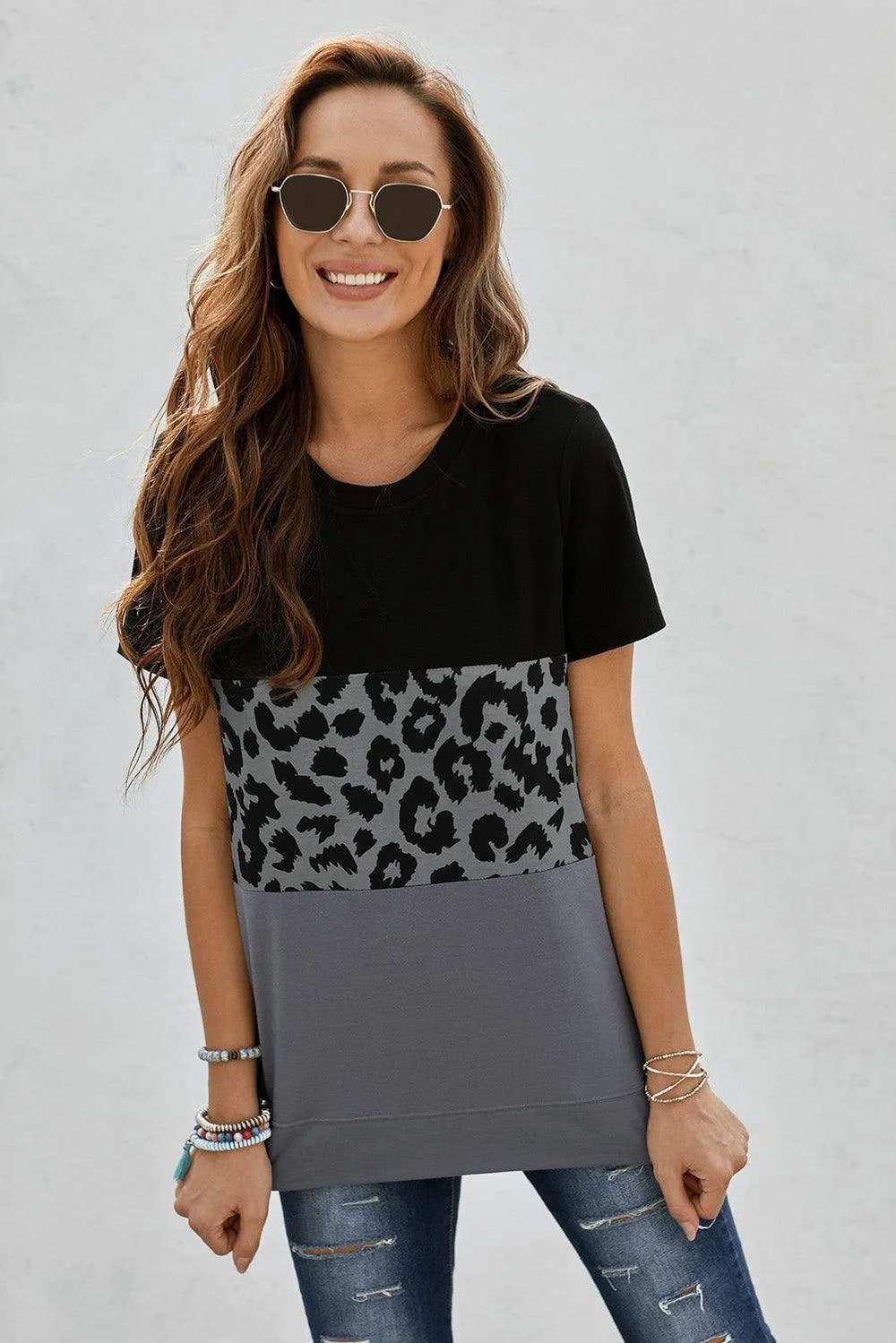 Leopard Print Color Block Short Sleeve T-Shirt - Trendsi - Flyclothing LLC