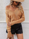 V-Neck Dropped Shoulder Long Sleeve Knit Top - Trendsi - Flyclothing LLC