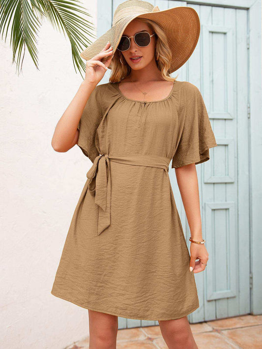 Tie Waist Flutter Sleeve Mini Dress - Trendsi - Flyclothing LLC