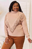 Woven Right Turtleneck Fringe Front Long Sleeve Sweater - Trendsi - Flyclothing LLC