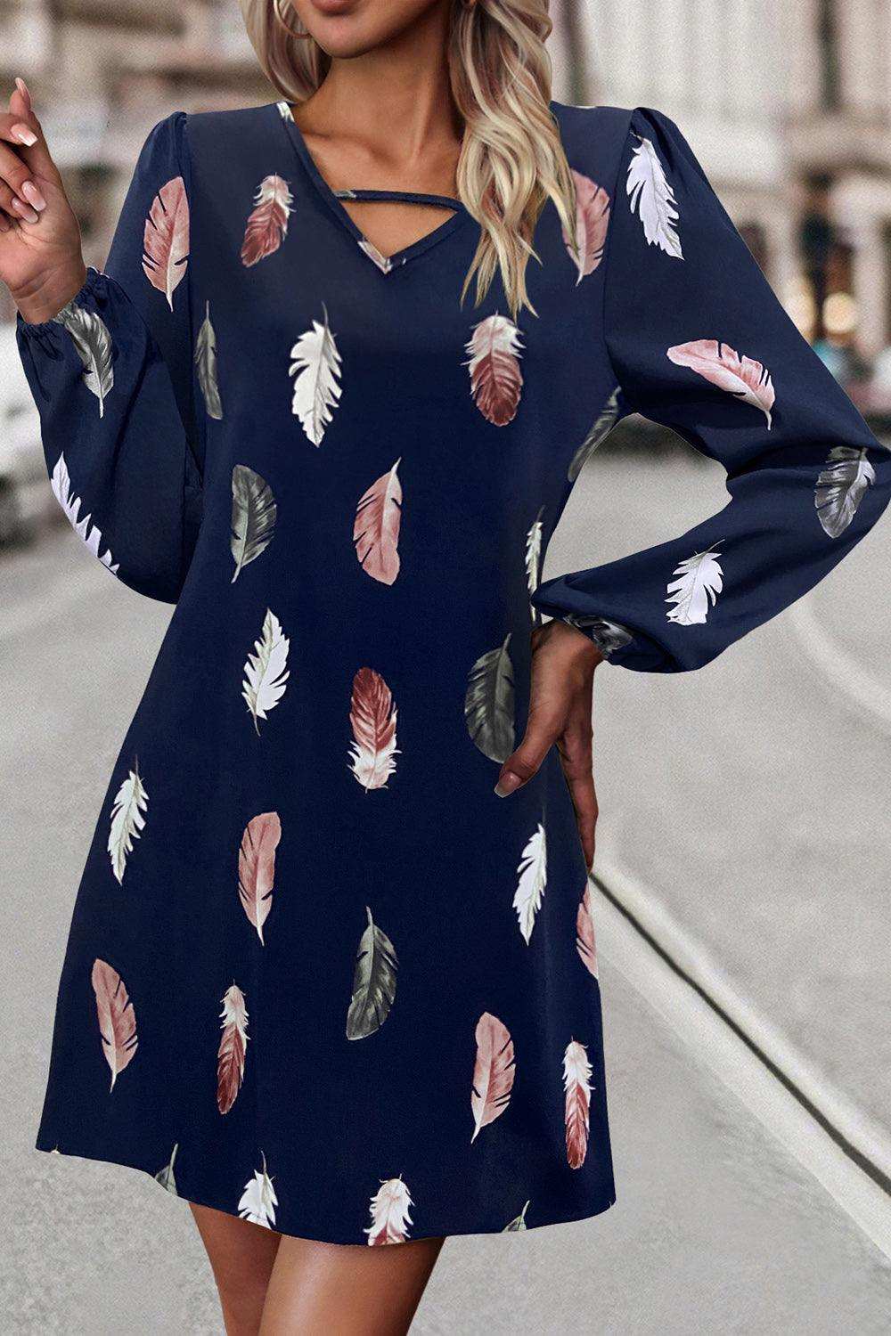 Feather Print V-Neck Dress - Trendsi - Flyclothing LLC
