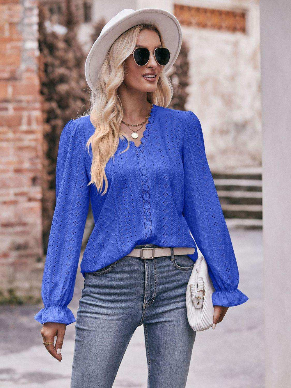 Eyelet V-Neck Flounce Sleeve Blouse - Trendsi - Flyclothing LLC