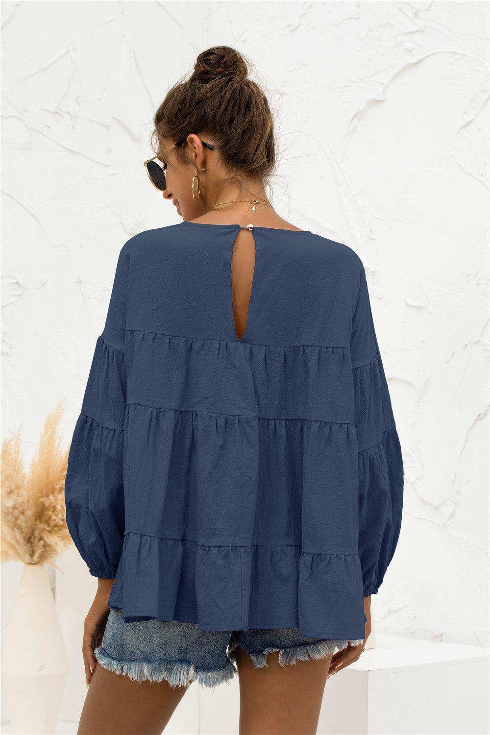 Round Neck Bubble Sleeve Tiered Blouse - Trendsi - Flyclothing LLC