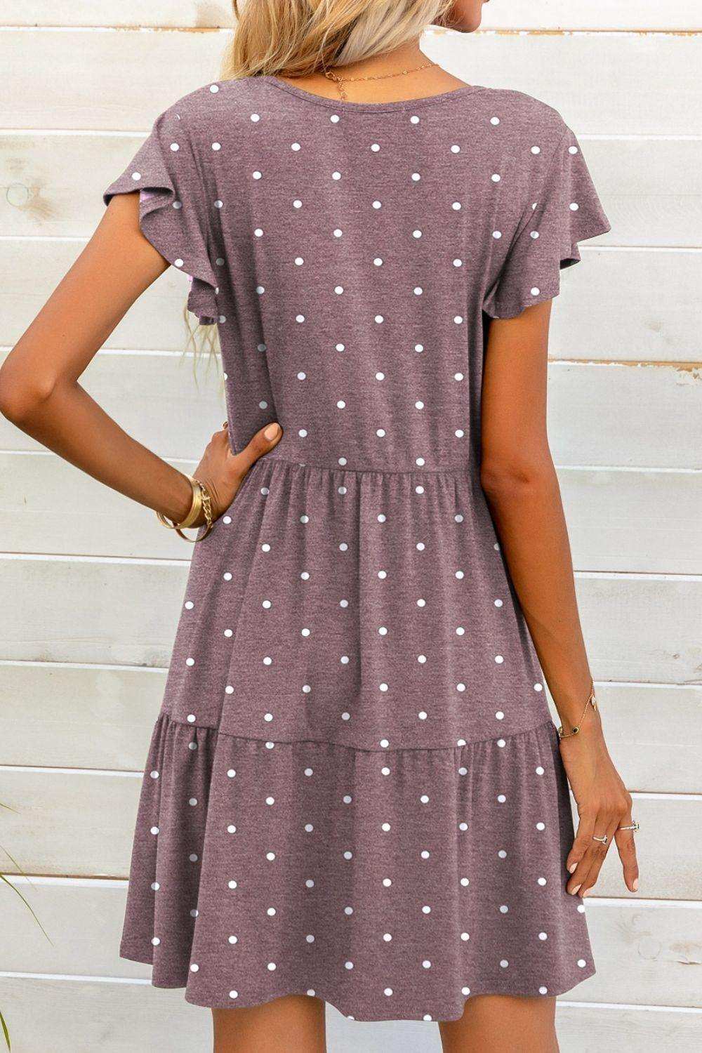 Polka Dot V-Neck Flutter Sleeve Mini Dress - Trendsi - Flyclothing LLC