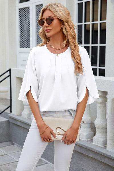 Round Neck Slit Half Sleeve Top - Trendsi - Flyclothing LLC