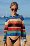 Rainbow Stripe Openwork Long Sleeve Cover-Up - Trendsi - Flyclothing LLC
