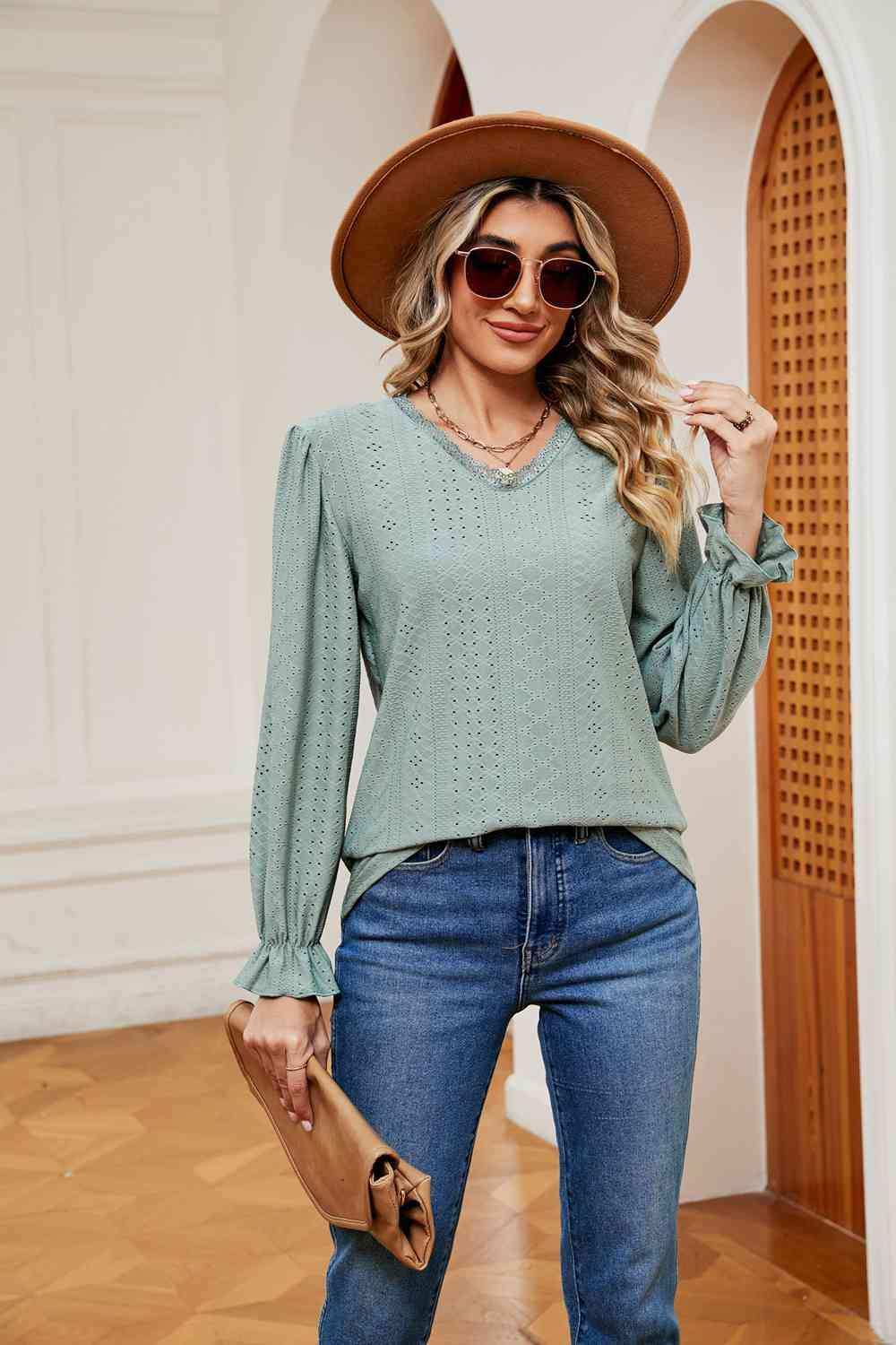 V-Neck Flounce Sleeve Blouse - Trendsi - Flyclothing LLC